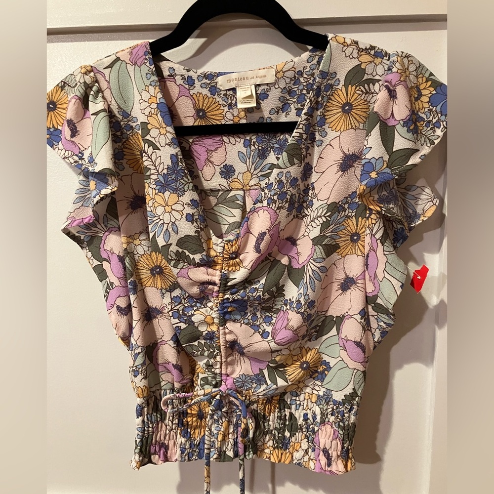 Monteau Los Angeles  Cinch Front Floral Crop Top Size Small Butterfly Sleeve